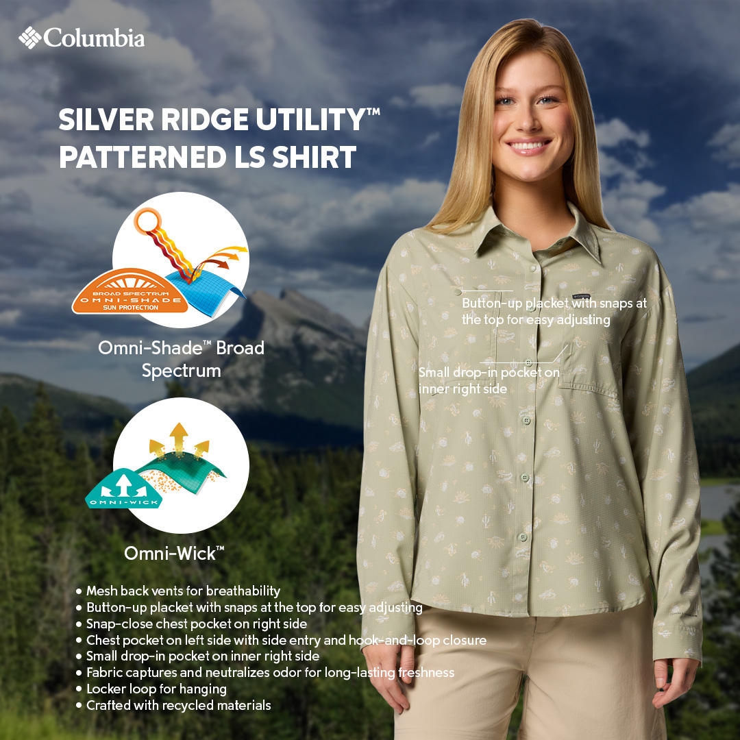 A Women Wearing Columbia Women Green Silver Ridge Utility Patterned LS Shirt (Sun Protection)