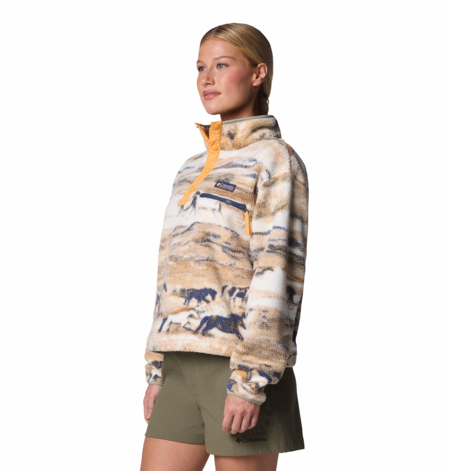 Columbia Womens Beige Helvetia II Printed Cropped Half Snap Fleece Pullover