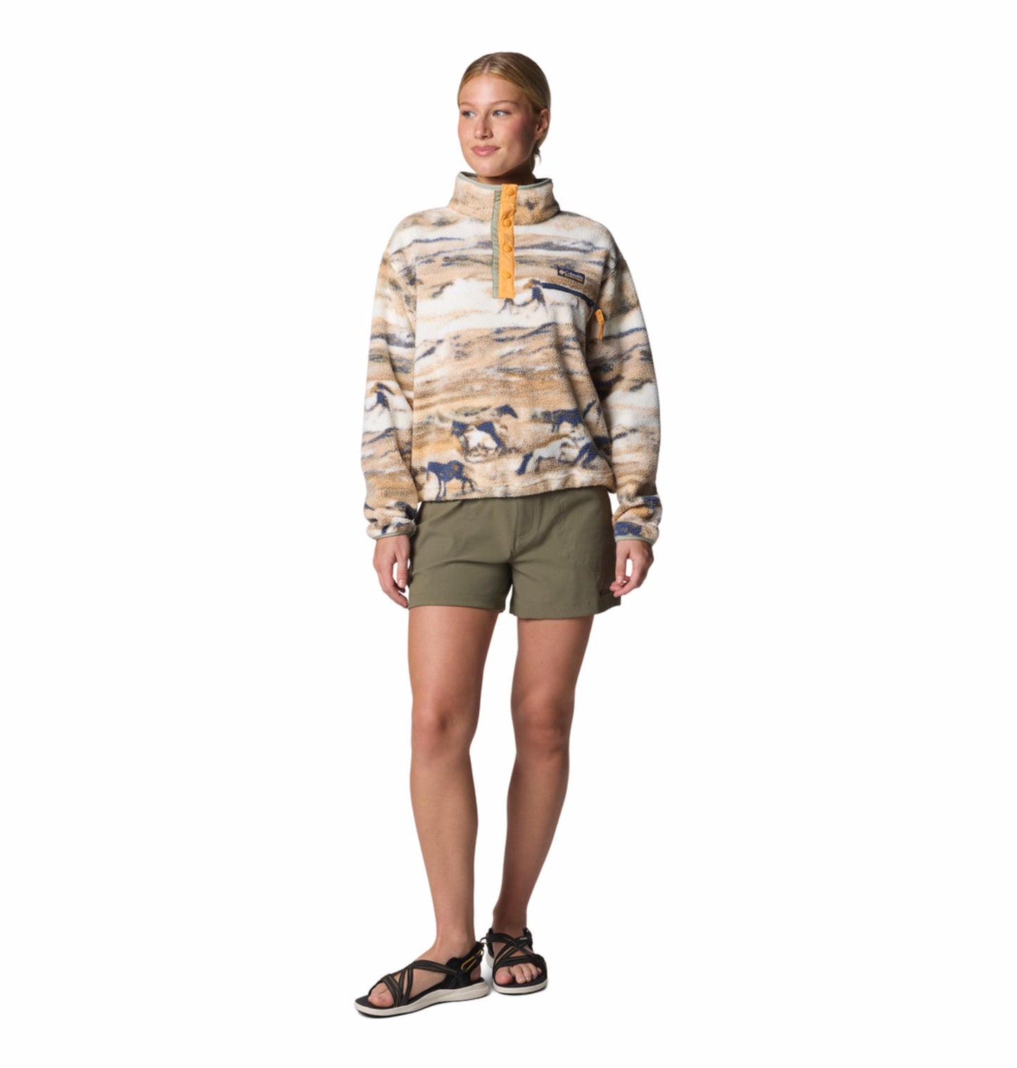 Columbia Womens Beige Helvetia II Printed Cropped Half Snap Fleece Pullover