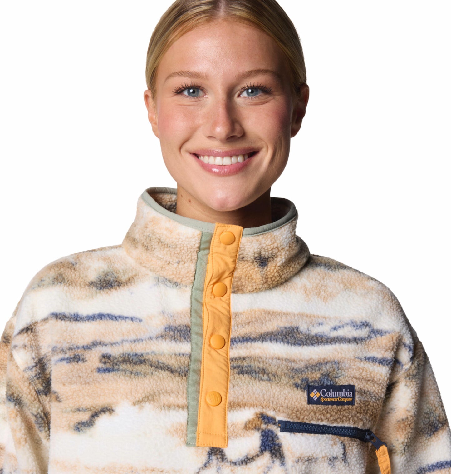 Columbia Womens Beige Helvetia II Printed Cropped Half Snap Fleece Pullover