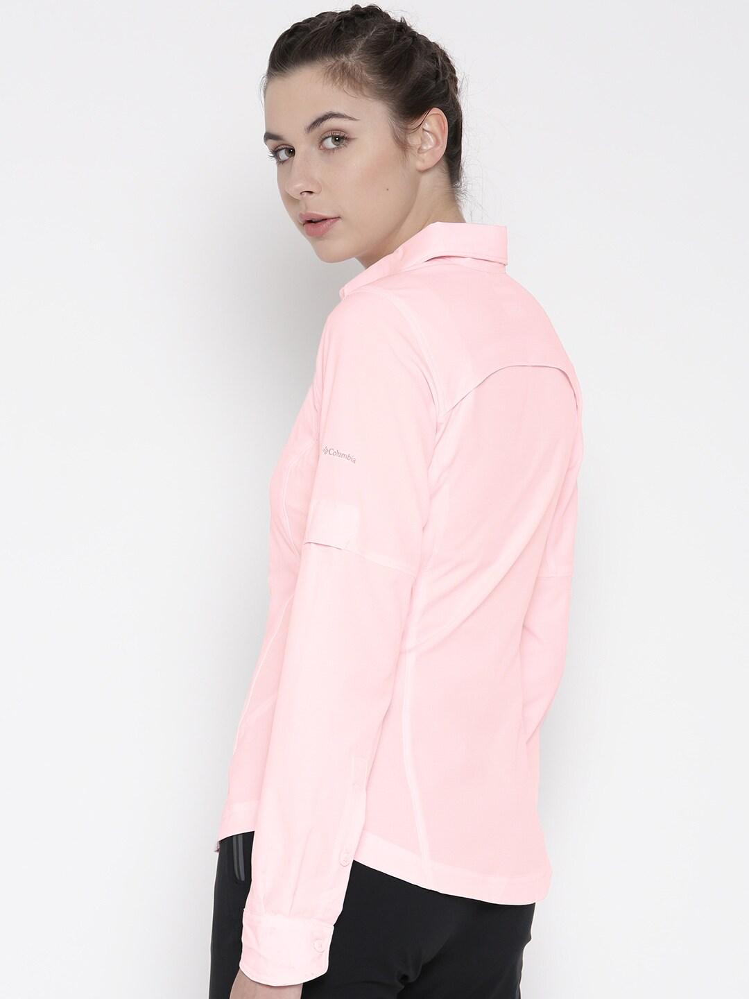 A Women Wearing Columbia Women Red Silver Ridge Long Sleeve Shirt (Sun Protection)