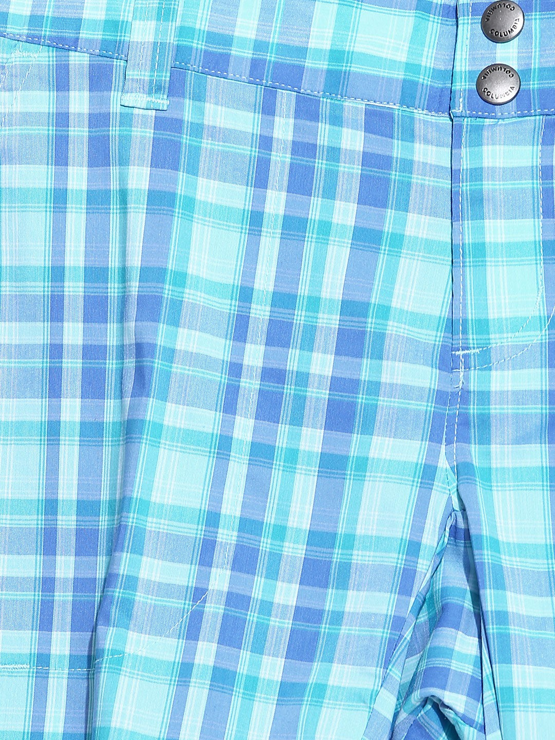 A Women Wearing Columbia Women Blue Saturday Trail II Plaid Short (Sun Protection)