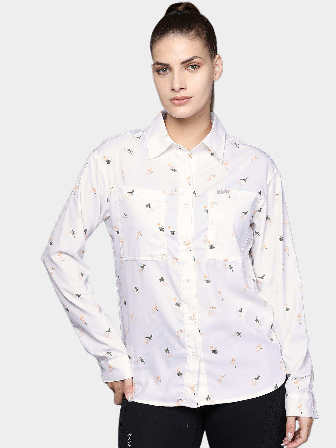 Columbia Women White Silver Ridge Utility Patterned Long Sleeve Shirt