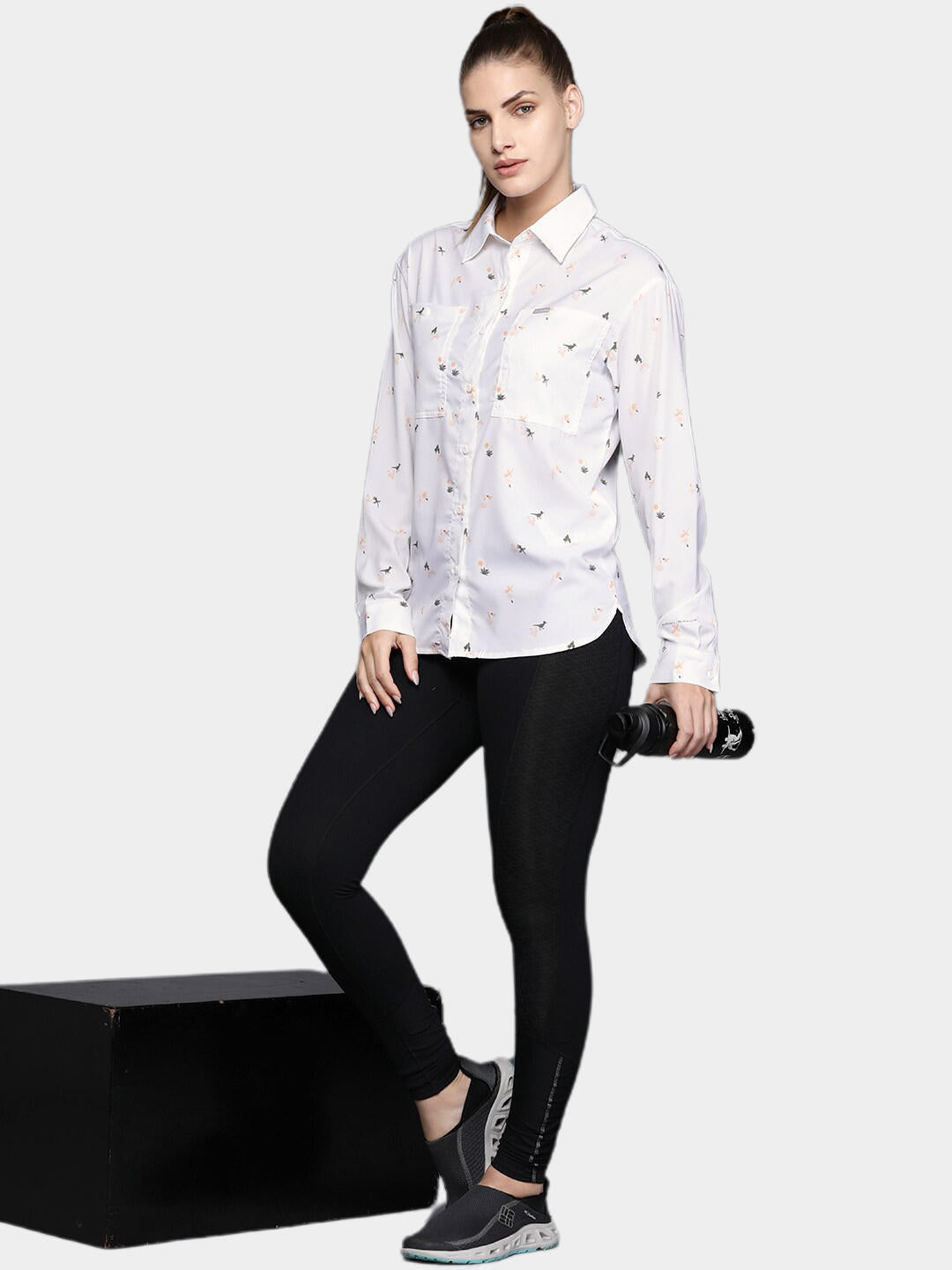 Columbia Women White Silver Ridge Utility Patterned Long Sleeve Shirt