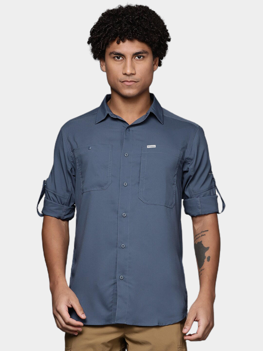 Columbia Men Navy Blue Silver Ridge Utility Lite Long Sleeve Shirt