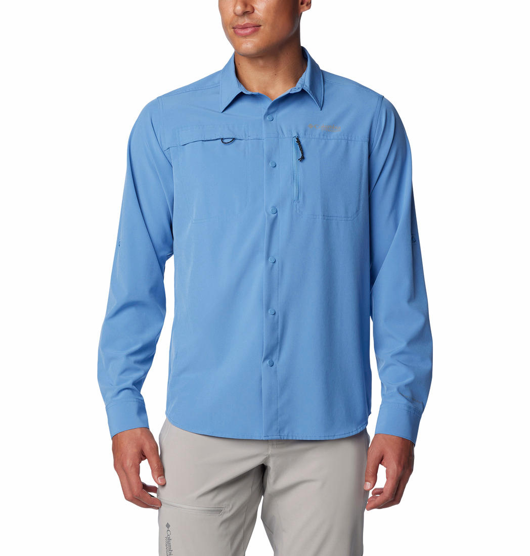 A Men Wearing Columbia Men Navy Blue Summit Valley Woven LS Shirt (Sun Protection)