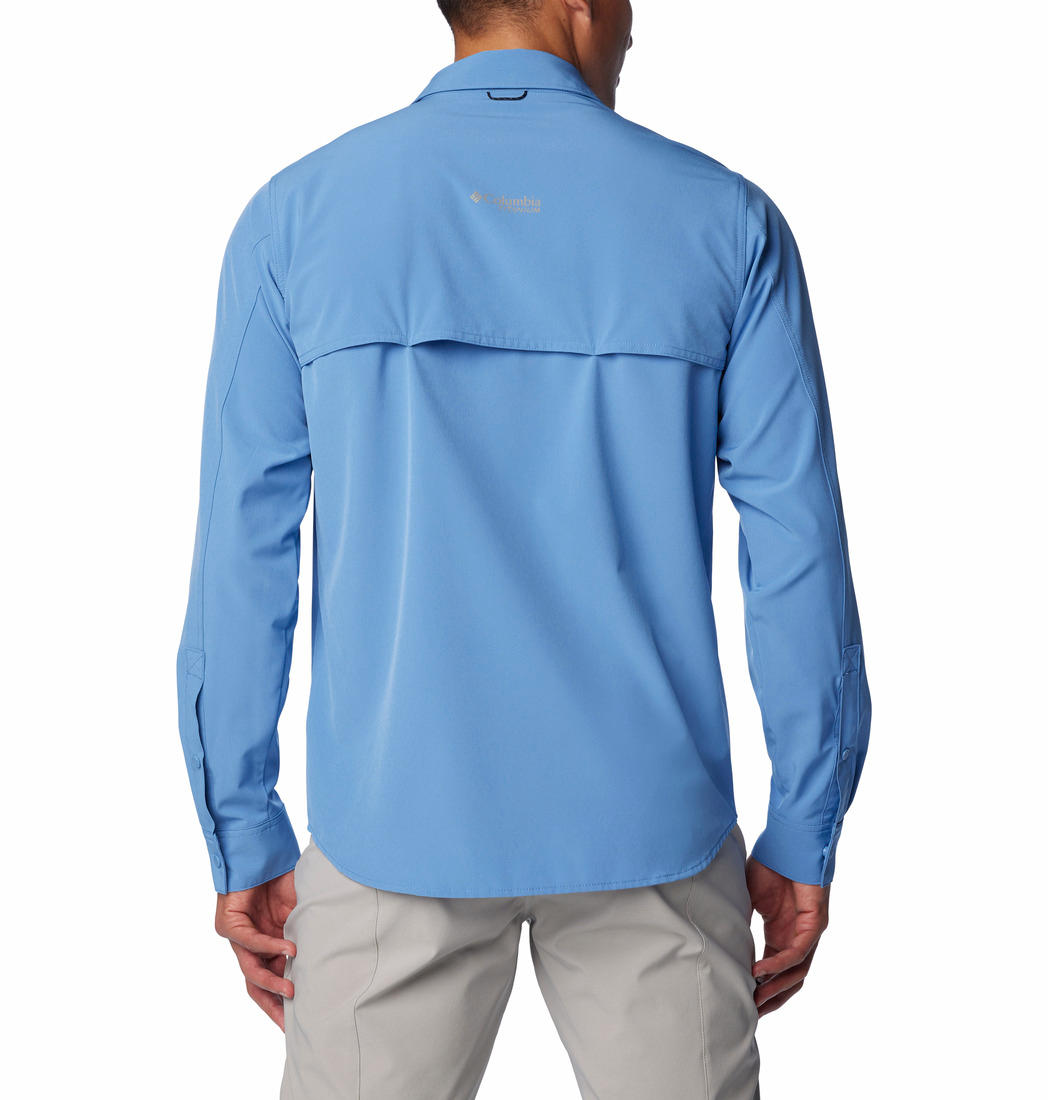 A Men Wearing Columbia Men Navy Blue Summit Valley Woven LS Shirt (Sun Protection)