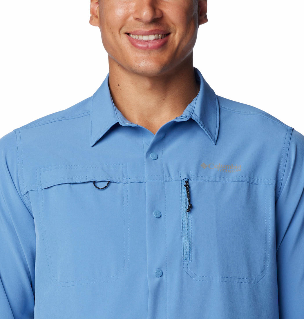 A Men Wearing Columbia Men Navy Blue Summit Valley Woven LS Shirt (Sun Protection)