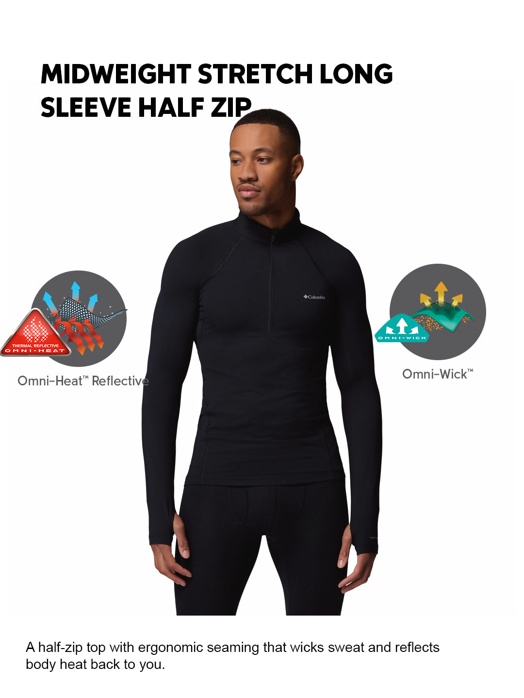 Columbia Men Black OmniHeat Reflective Midweight Stretch Long Sleeve Half Zip Thermal Top