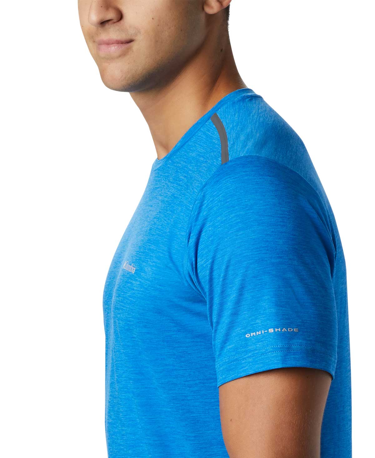 A Men Wearing Columbia Men Blue Tech Trail Crew Neck (Sun Protection)