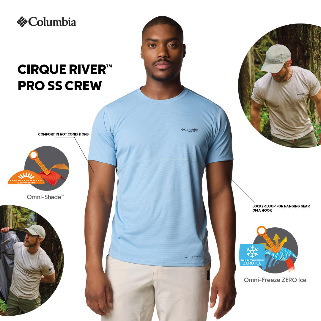 A Men Wearing Columbia Men Blue Cirque River Pro SS Crew (Sun Protection)