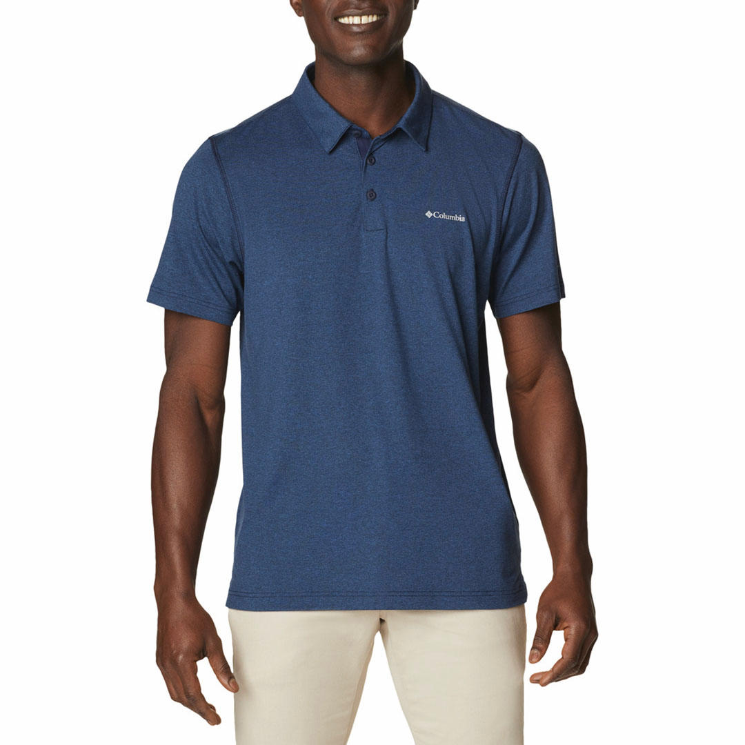 A Men Wearing Columbia Men Blue Tech Trail Polo (Sun Protection)
