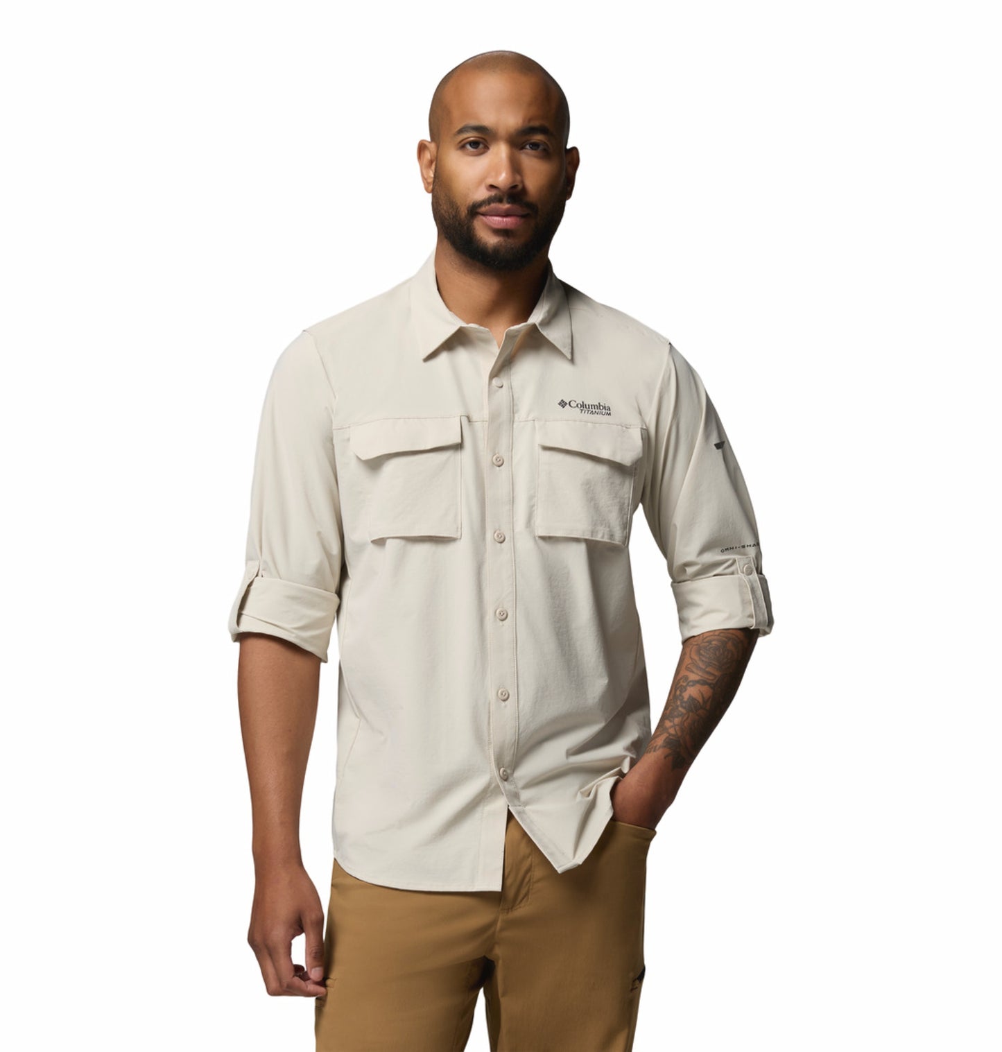 Columbia Men Beige Omni-Shade Silver Ridge Elite Long Sleeve Shirt (Plus Size)