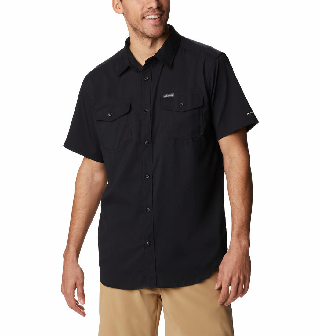 A Men Wearing Columbia Men Black Utilizer II Solid Short Sleeve Shirt (Sun Protection)