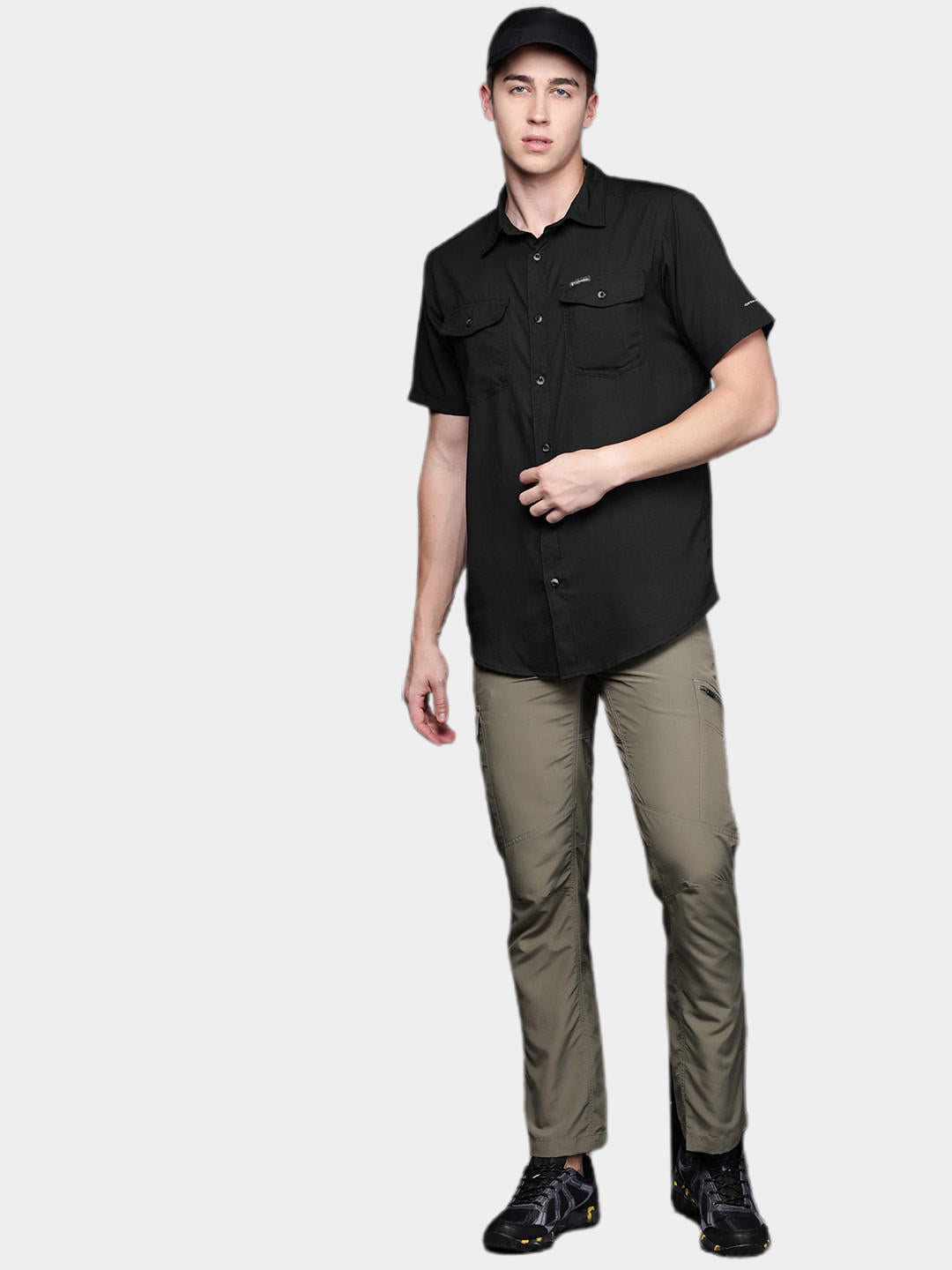 A Men Wearing Columbia Men Black Utilizer II Solid Short Sleeve Shirt (Sun Protection)