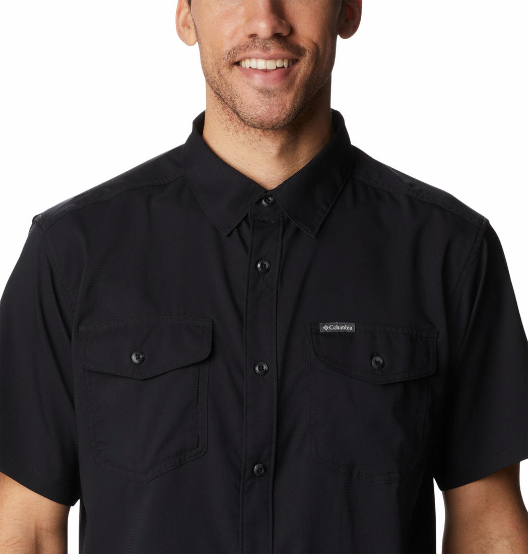 A Men Wearing Columbia Men Black Utilizer II Solid Short Sleeve Shirt (Sun Protection)