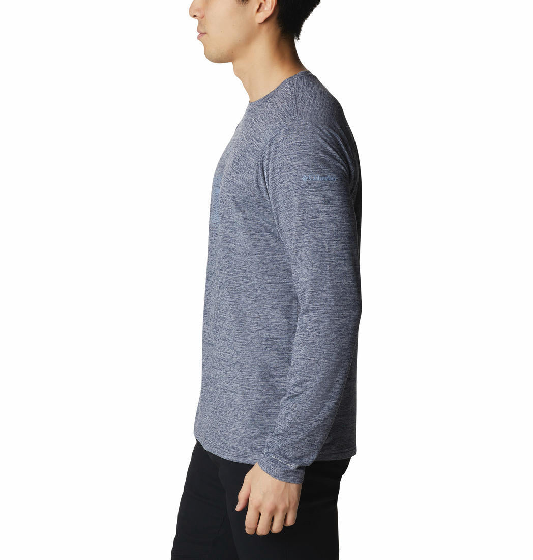 A Men Wearing Columbia Men Blue Tech Trail Graphic Long Sleeve (Sun Protection)