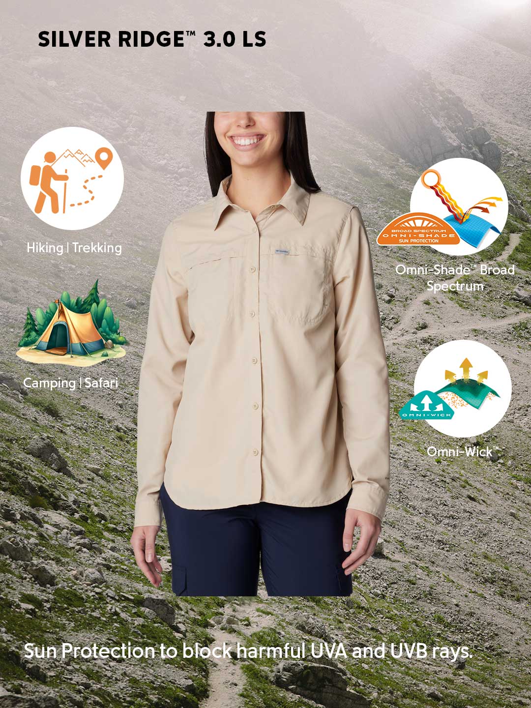 Columbia Women Beige Omni-Shade Silver Ridge 3.0 Long Sleeve Shirt