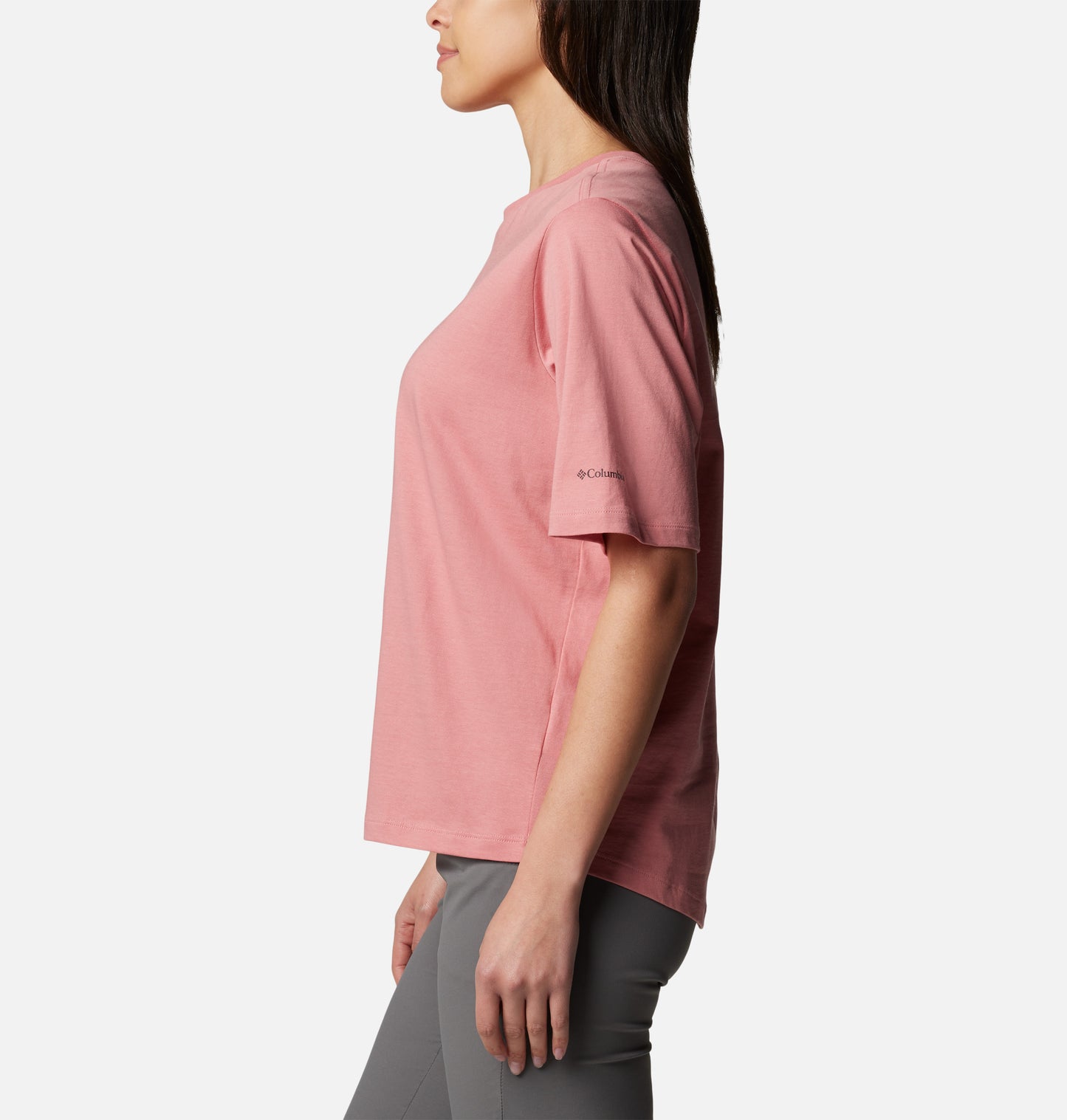 A Women Wearing Columbia Women Pink North Cascades Relaxed Tee