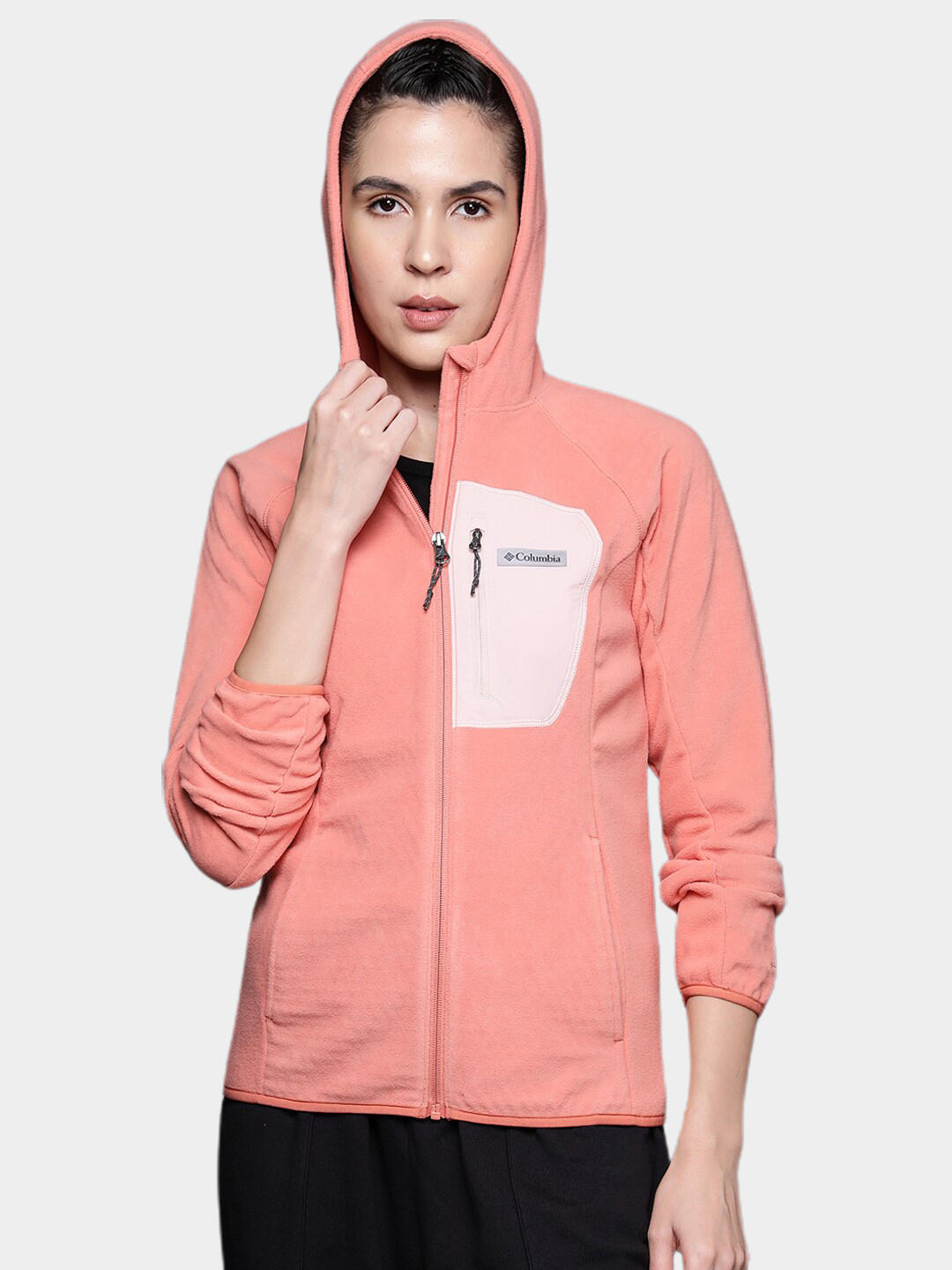 A Women Wearing Columbia Women Orange W Outdoor Tracks Hooded FZ