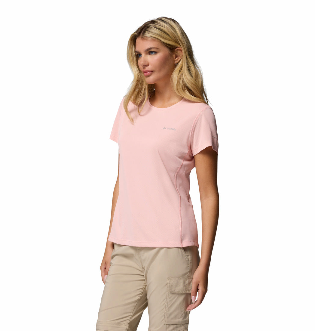 A Women Wearing Columbia Women Pink Zero Rules Light SS Crew (Sun Protection)