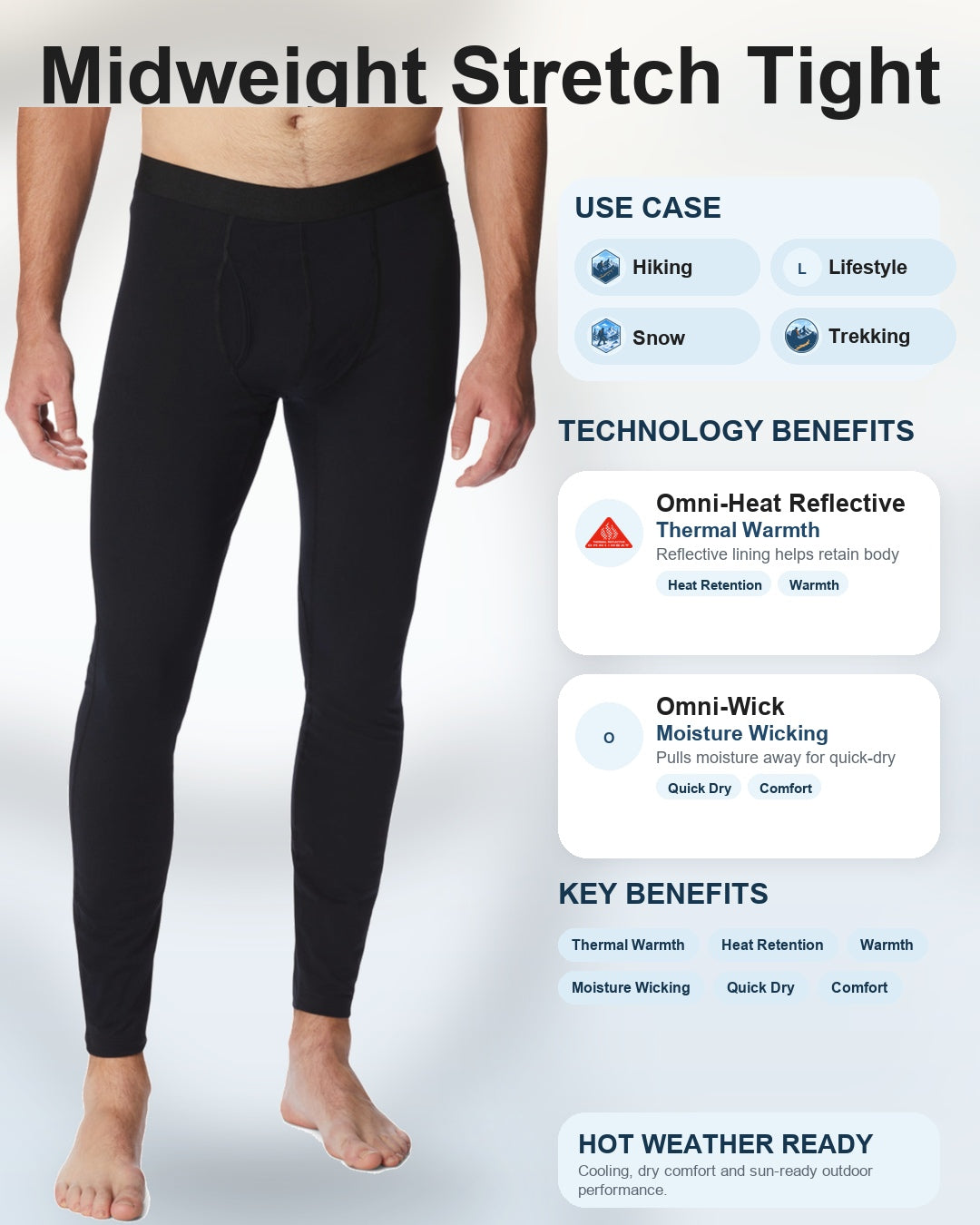 men black omni heat reflective midweight stretch baselayer bottom plus size