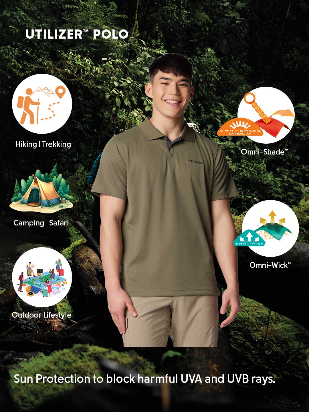 Columbia Men's Olive Green Omni-Shade Utilizer Polo Shirt Sun Protection