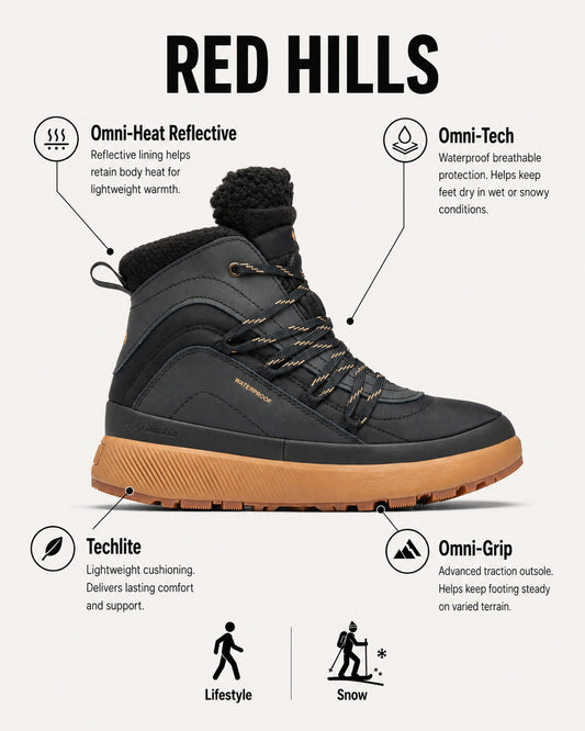 Columbia Women Black Omni-Heat Reflective Red Hills Shoes