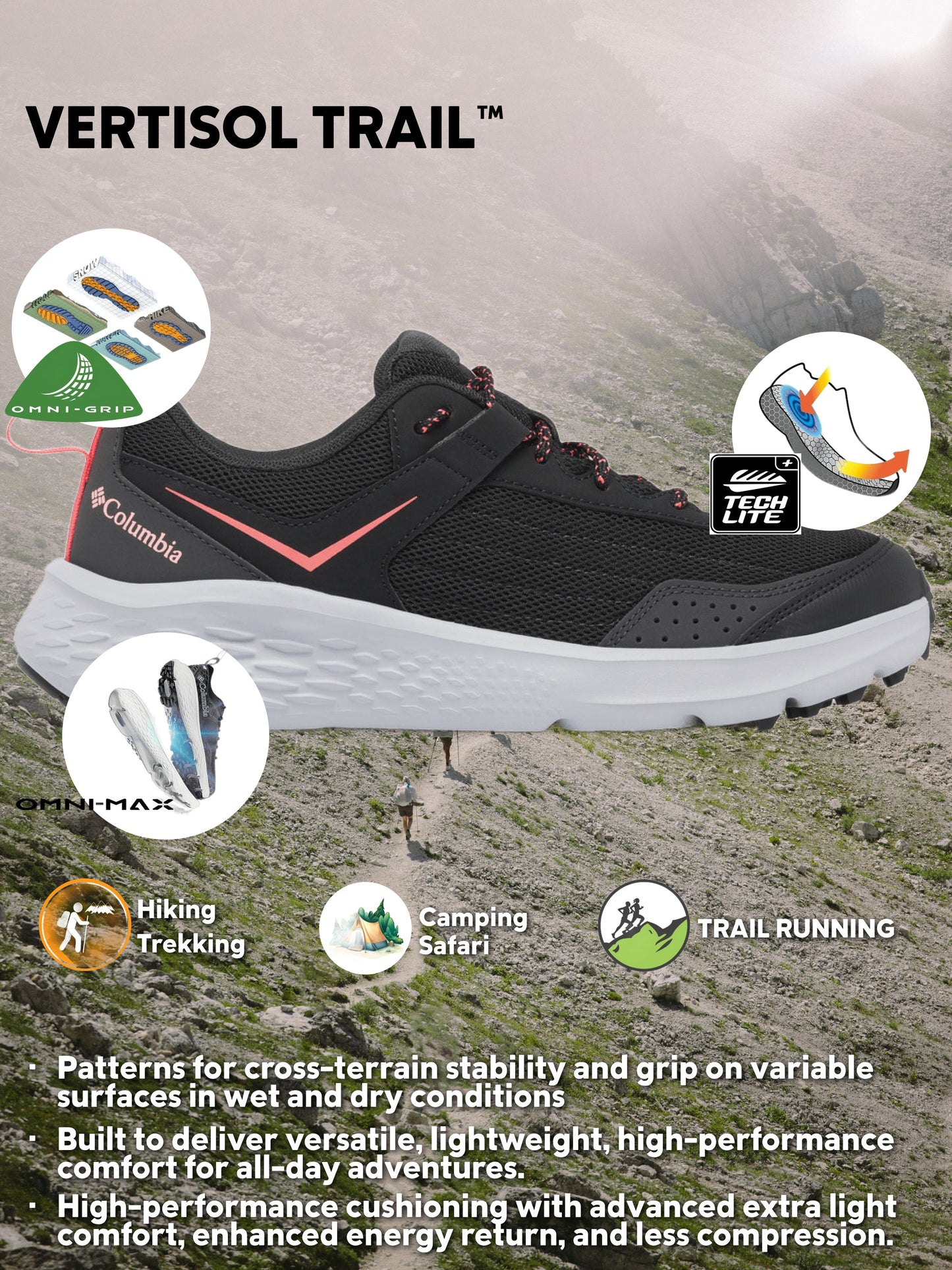 Columbia Women Black Omni-Grip Vertisol Trail Hiking & Trekking Shoes