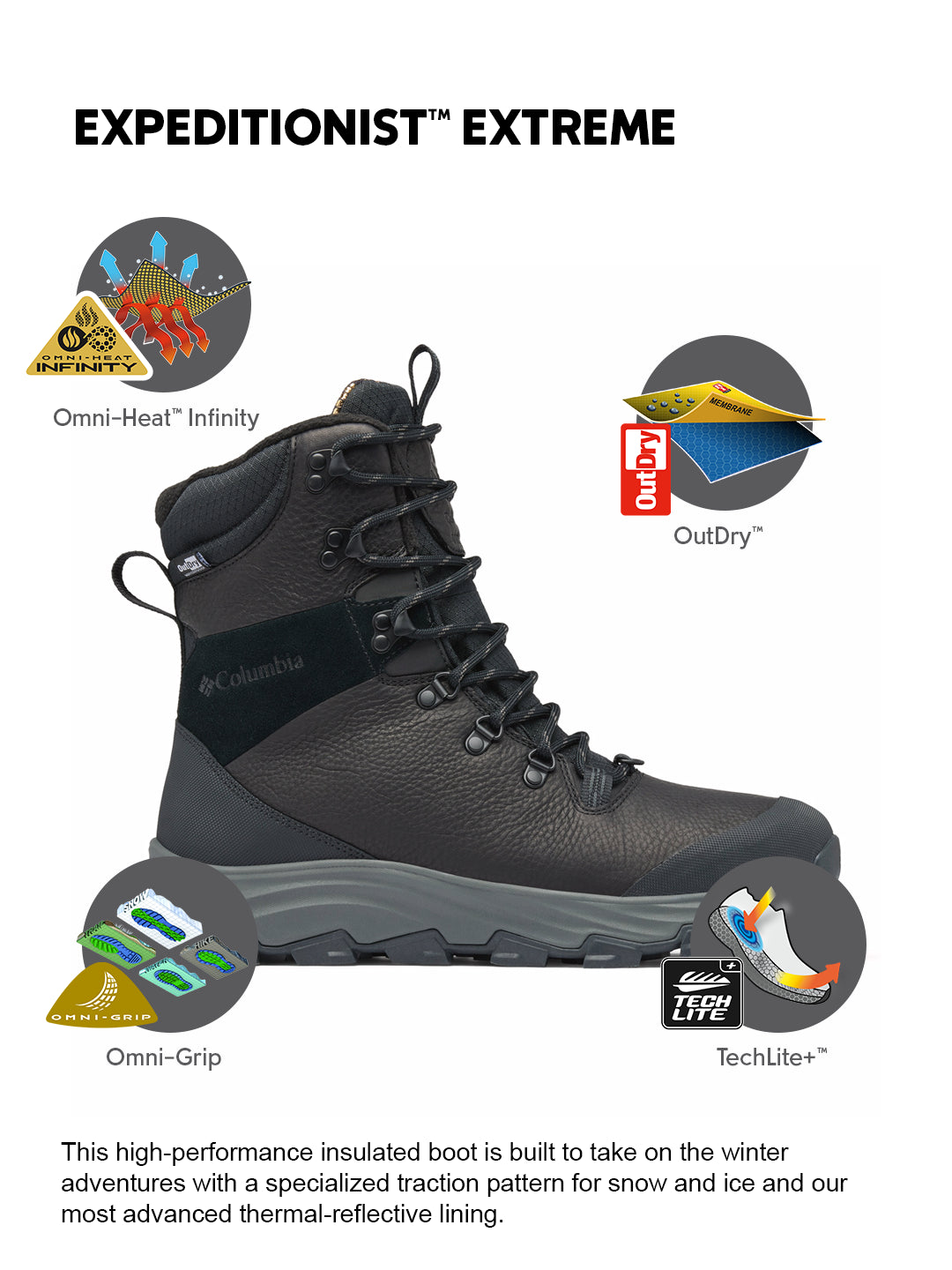 スキー Columbia OMNI-HEAT Columbia Men Black OmniGrip Ice Expeditionist Extreme Waterproof Snow