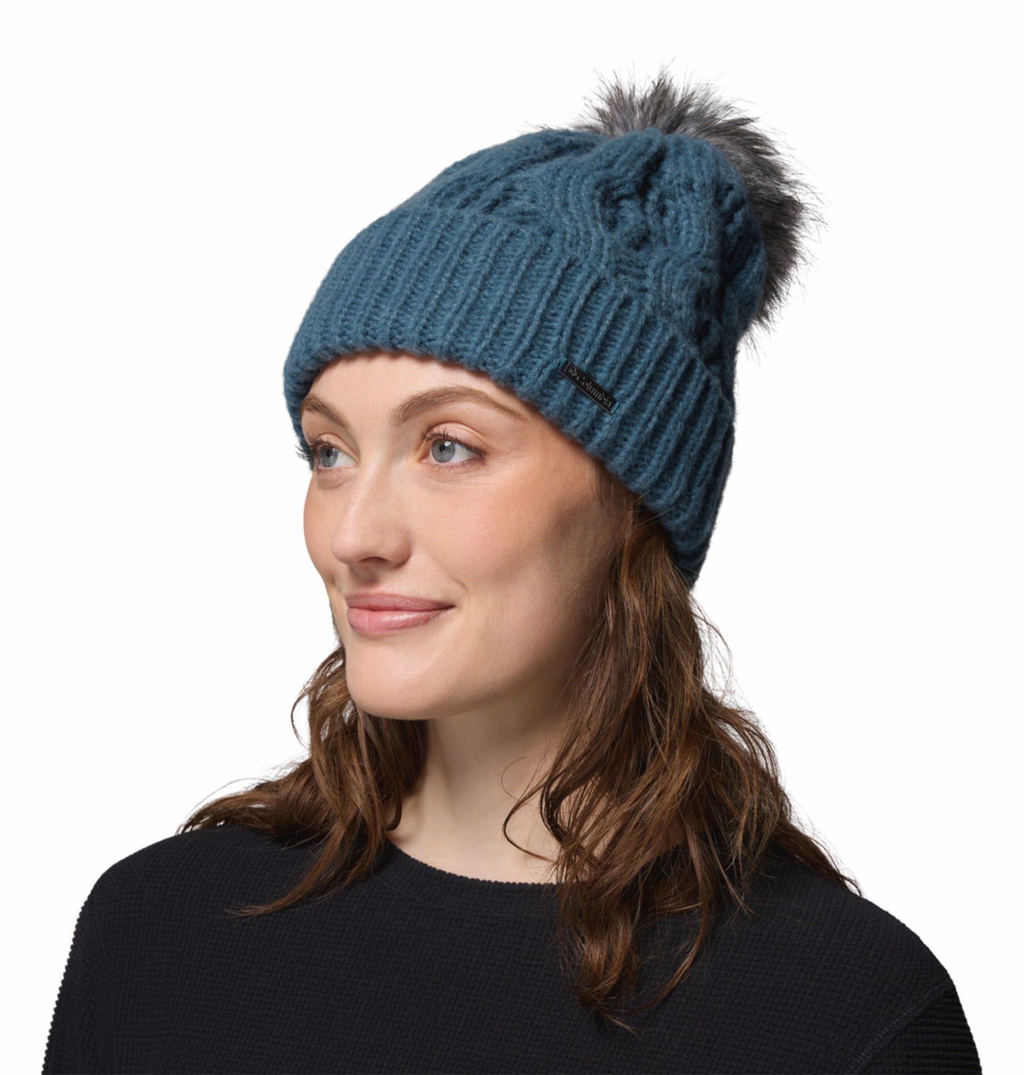 Columbia Women Blue Boundless Days Cable Knit Pom Beanie