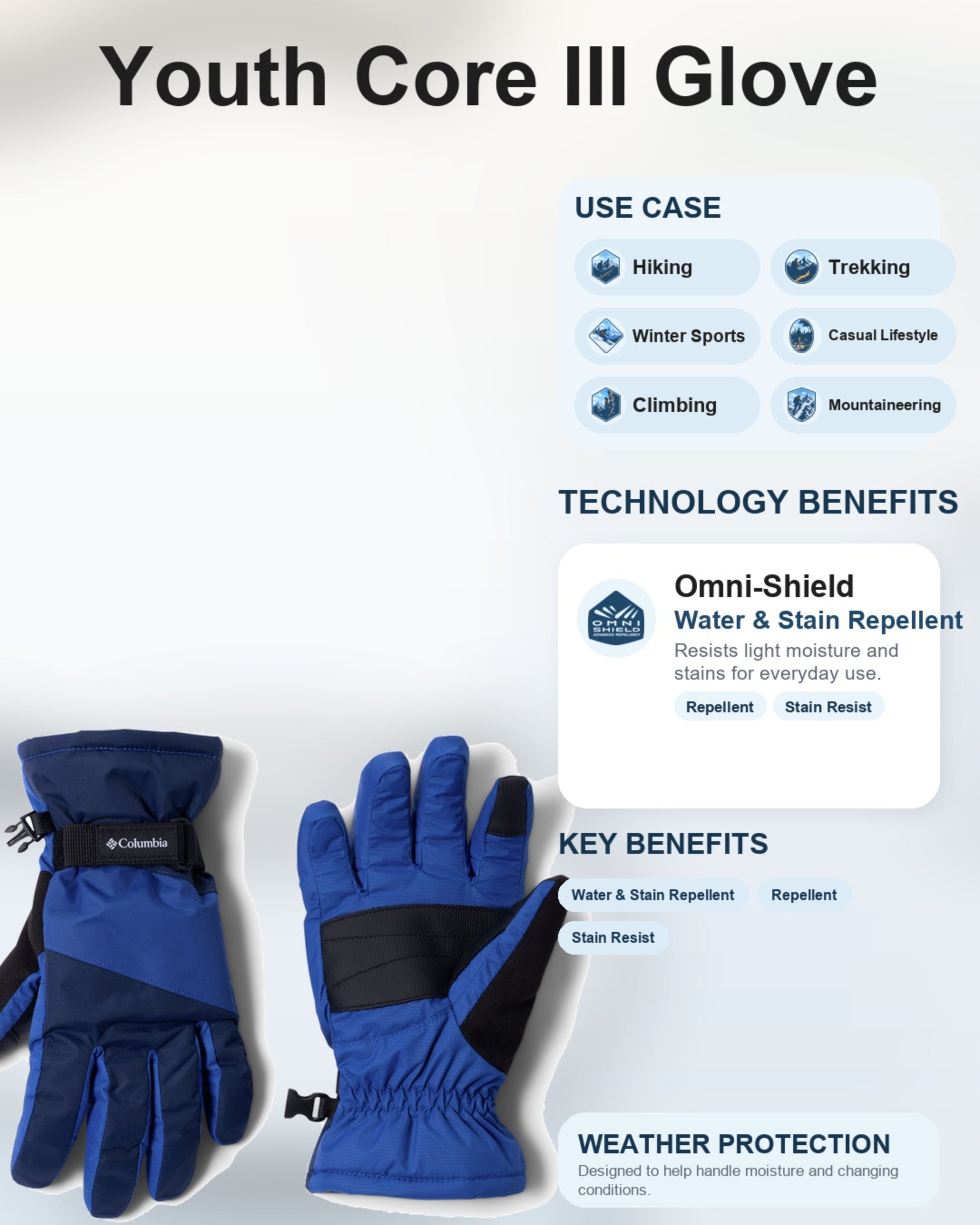 Columbia Kids Unisex Blue Omni-Shield Core III Gloves