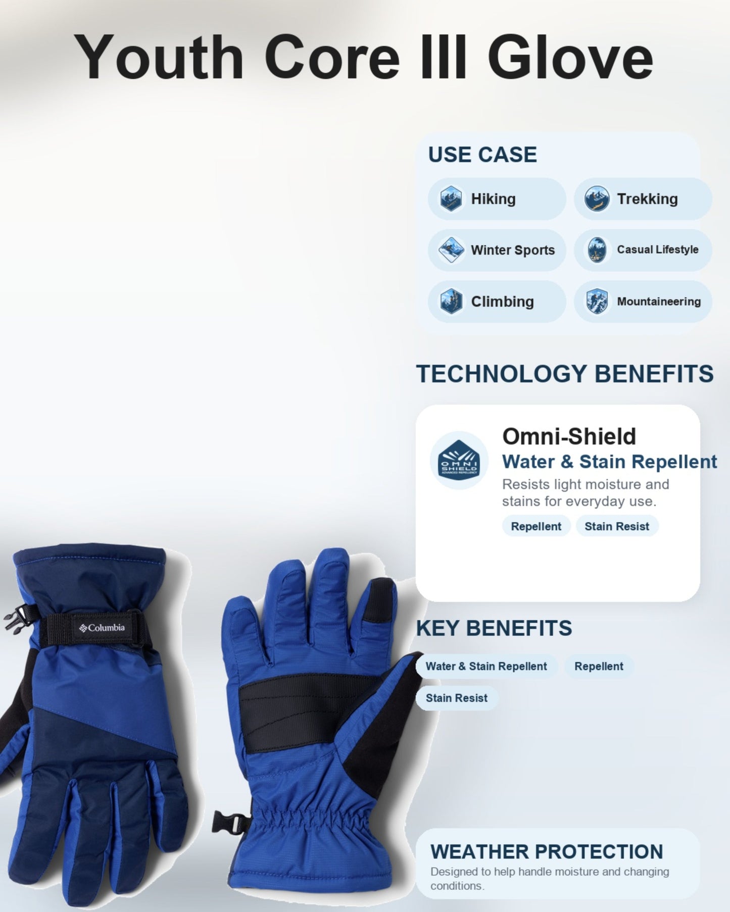 Columbia Kids Unisex Blue Omni-Shield Core III Gloves