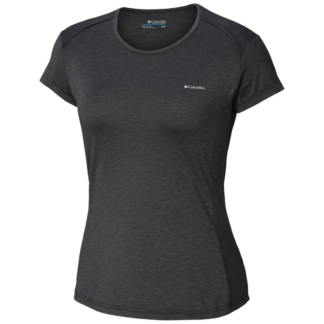 A Women Wearing Columbia Women Black Firwood Camp Tee (Sun Protection)