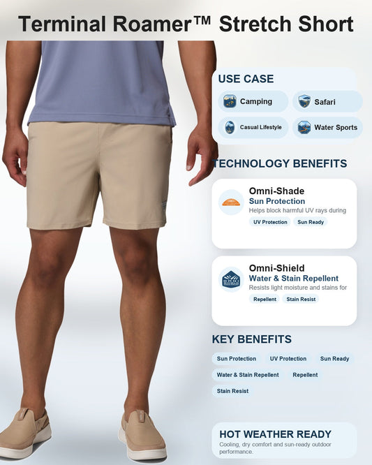 men beige omni shade terminal roamer stretch shorts