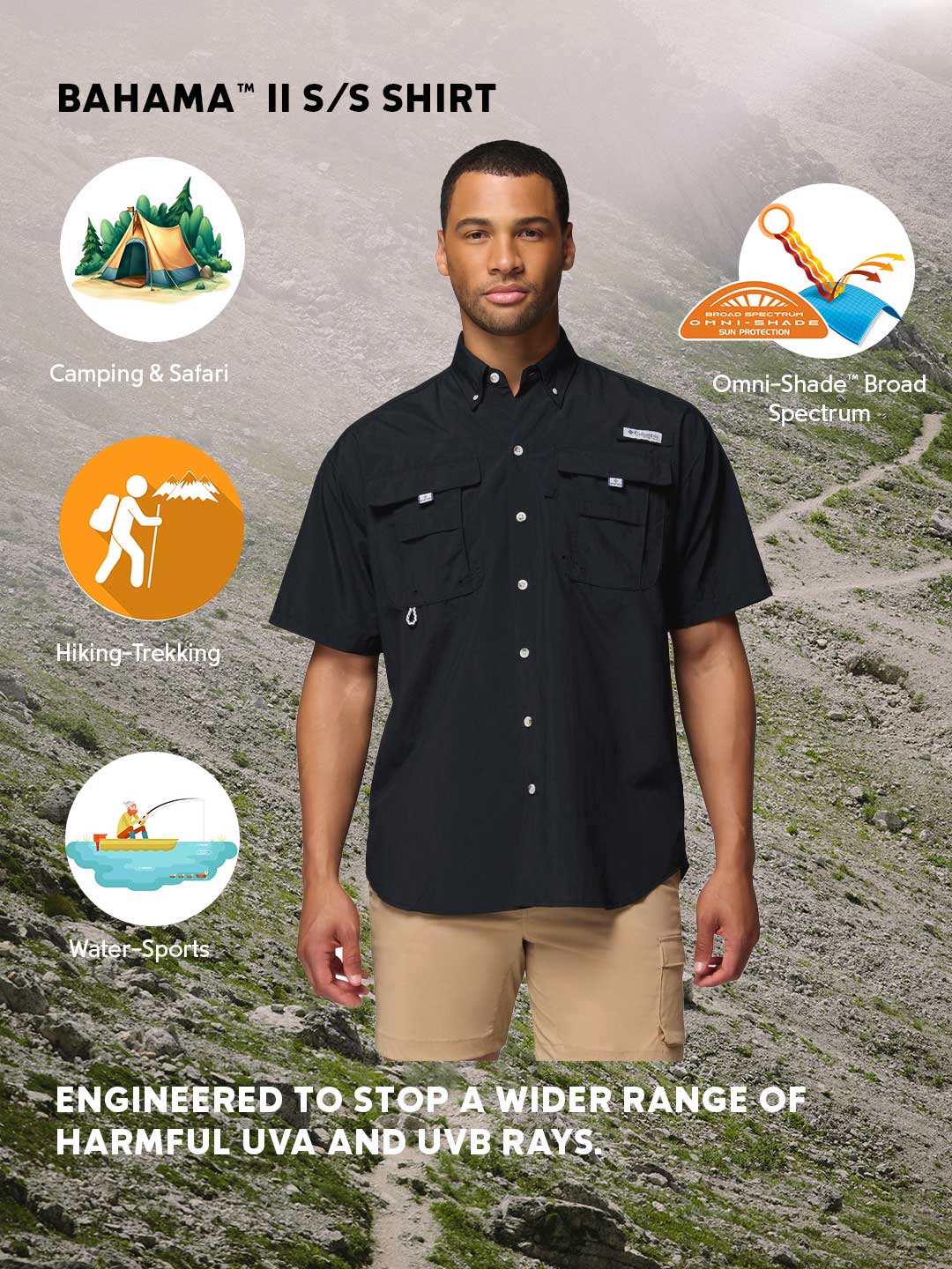 Columbia Men's Black Omni-Shade Bahama II UPF 50 Fishing Shirt