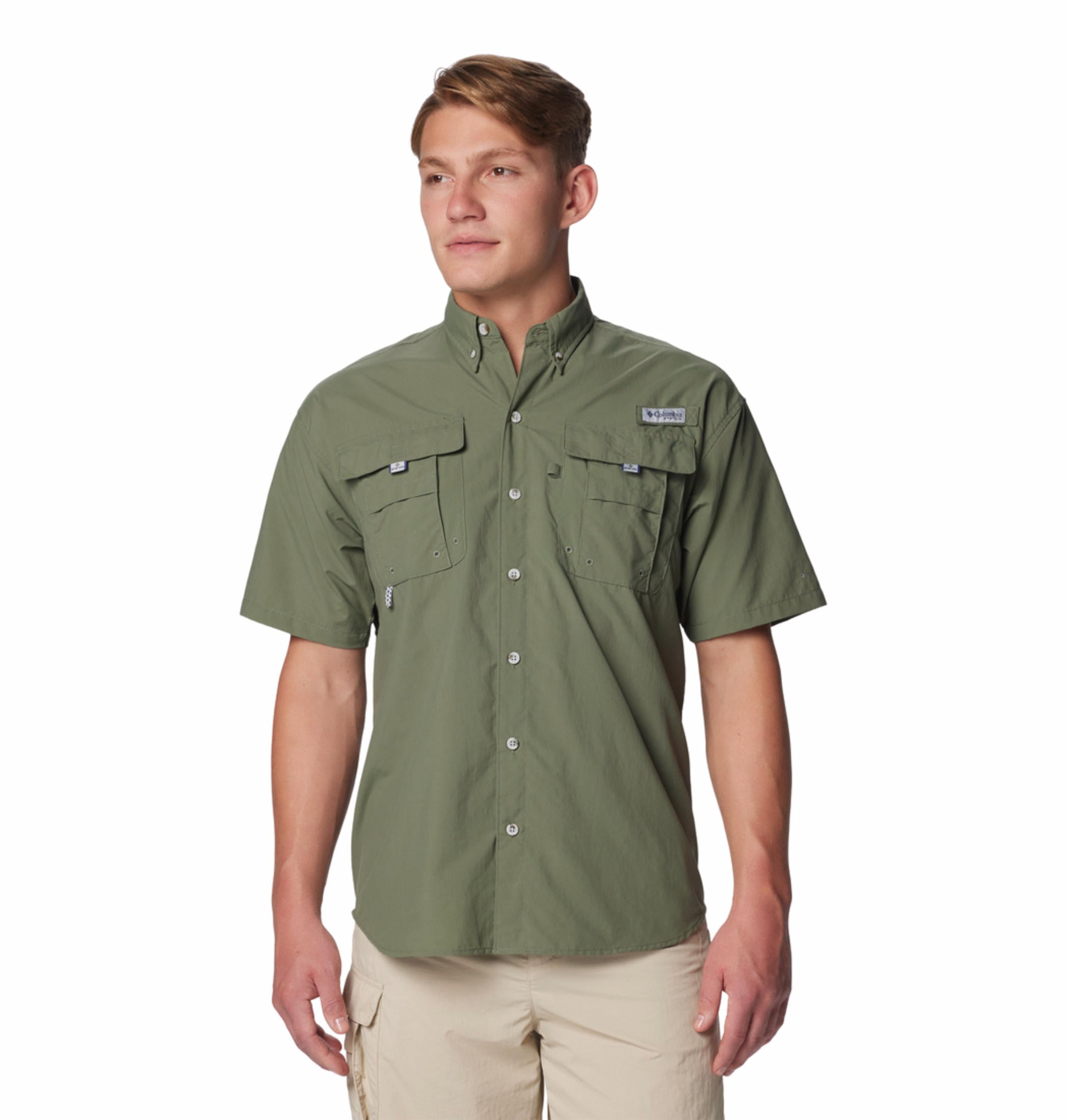 A Men Wearing Columbia Men Green Bahama II S/S Shirt (Sun Protection)