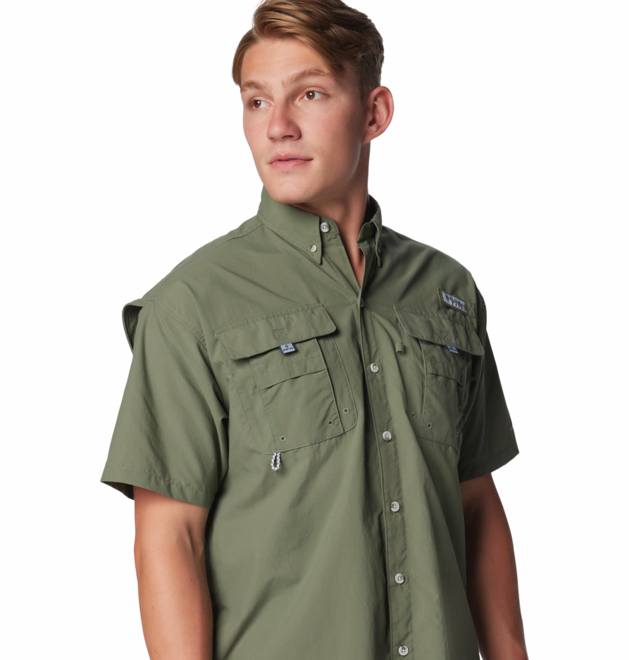 A Men Wearing Columbia Men Green Bahama II S/S Shirt (Sun Protection)