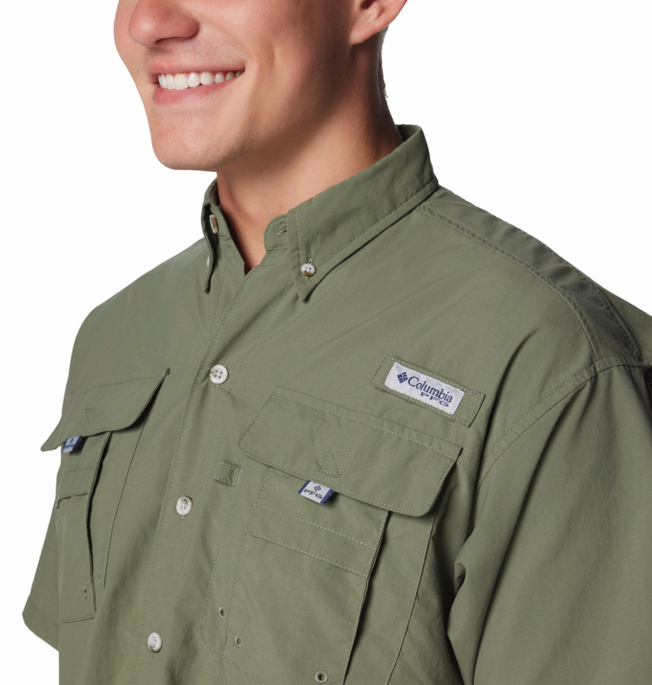 A Men Wearing Columbia Men Green Bahama II S/S Shirt (Sun Protection)