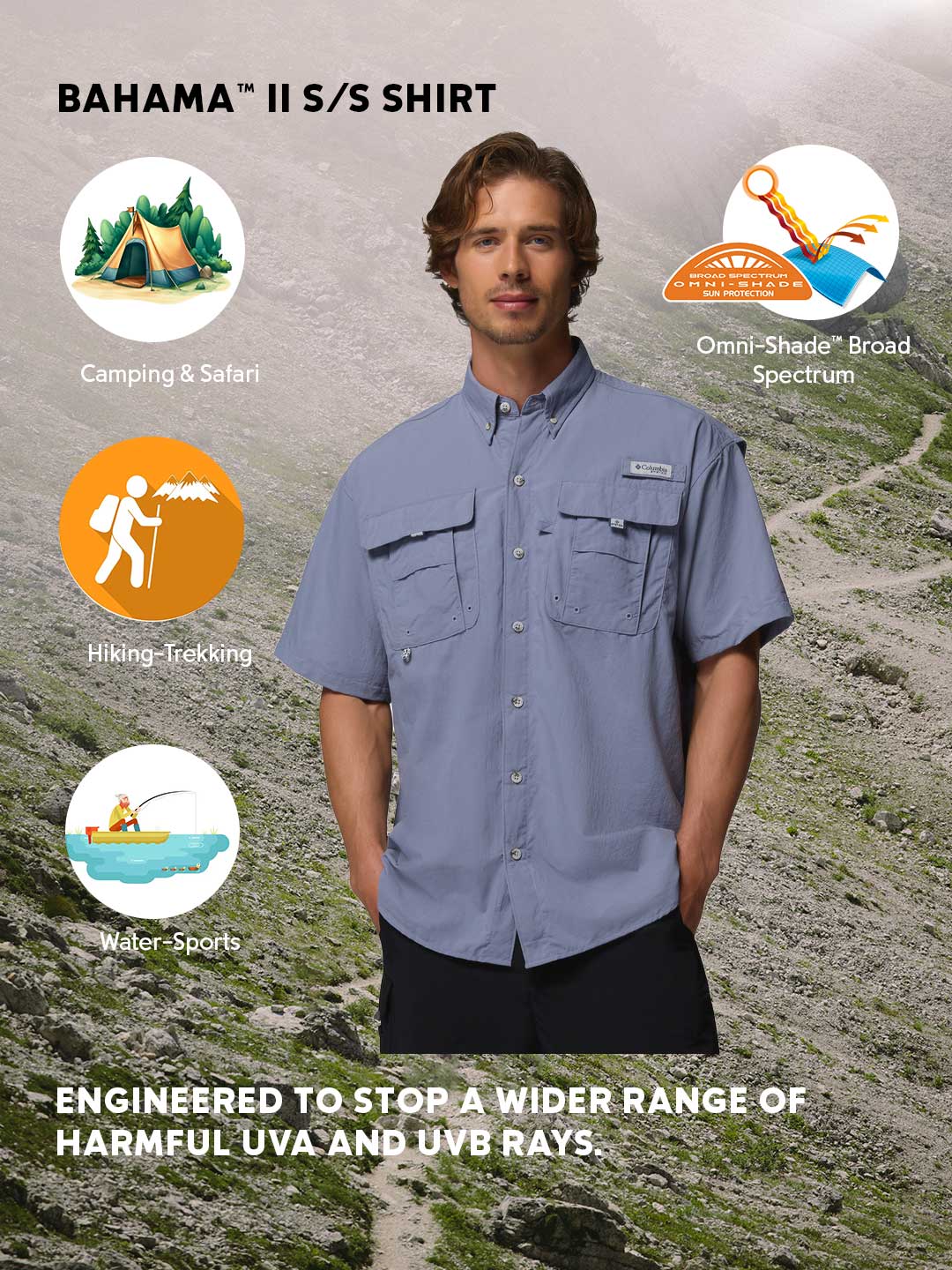 Columbia Men Blue Omni-Shade Bahama II Short Sleeve Shirt