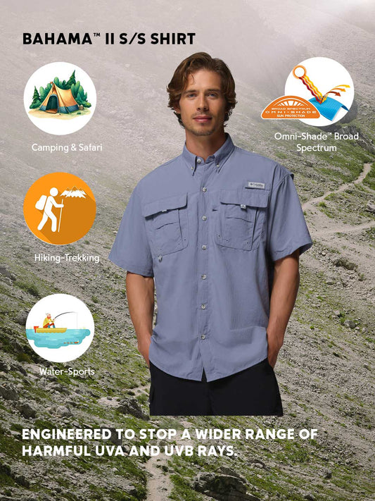 Columbia Men Blue Omni-Shade Bahama II Short Sleeve Outdoor Shirt
