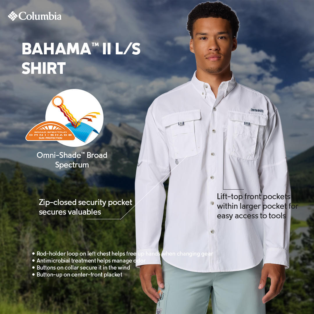 Columbia Mens White Omni-Shade Broad Spectrum Bahama II Long Sleeve Shirt