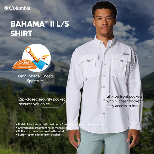Columbia Mens White Omni-Shade Broad Spectrum Bahama II Long Sleeve Shirt