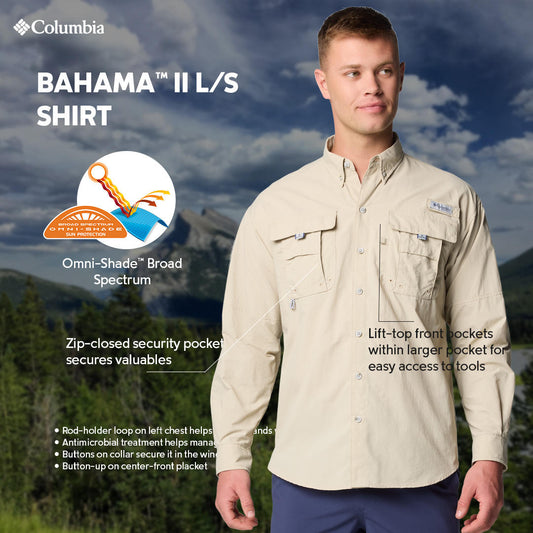 Columbia Mens Beige Omni-Shade Broad Spectrum Bahama II Long Sleeve Shirt