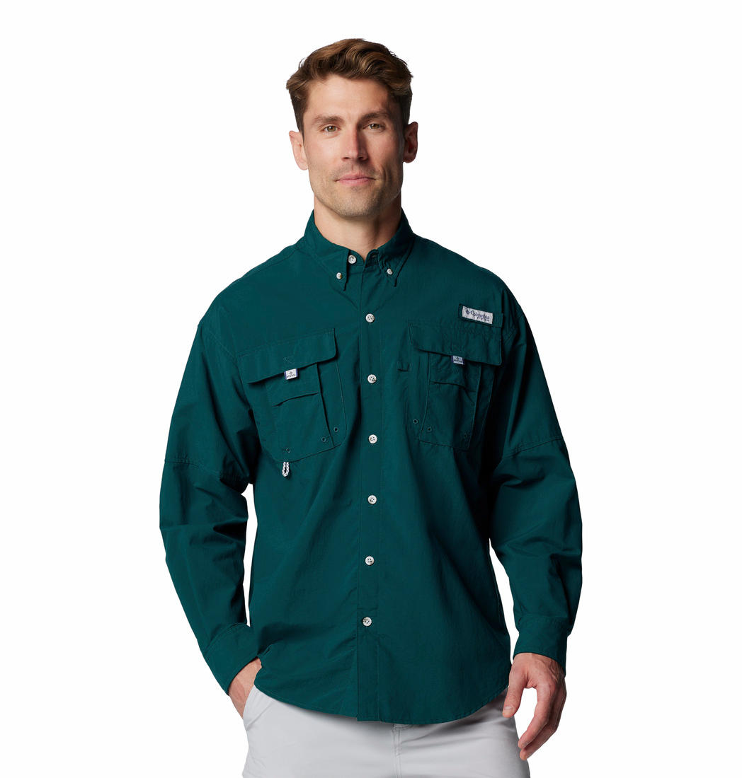 A Men Wearing Columbia Men Green Bahama II L/S Shirt (Sun Protection)