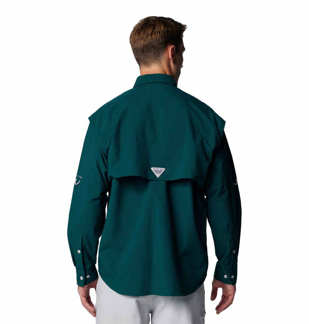 A Men Wearing Columbia Men Green Bahama II L/S Shirt (Sun Protection)