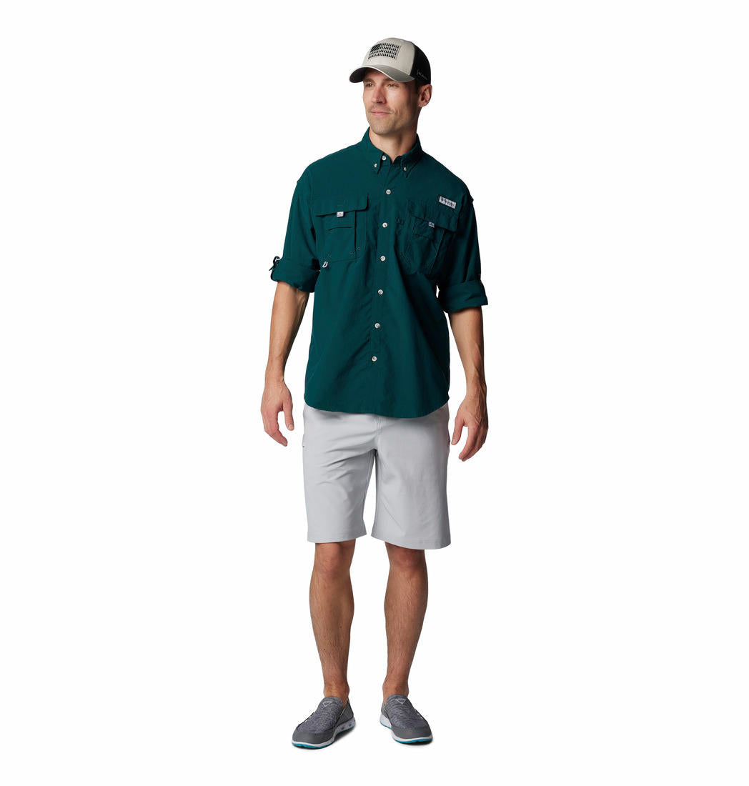 A Men Wearing Columbia Men Green Bahama II L/S Shirt (Sun Protection)