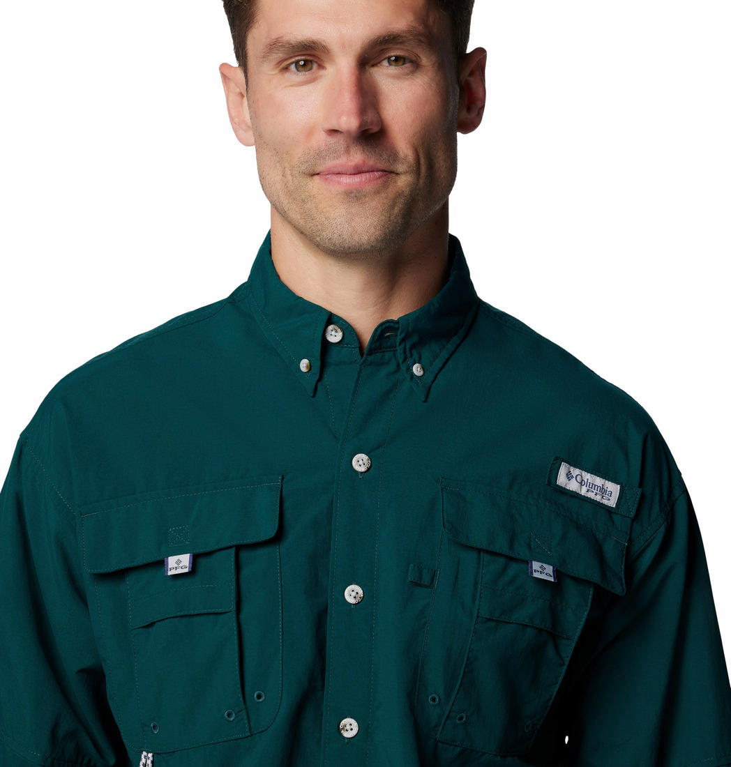 A Men Wearing Columbia Men Green Bahama II L/S Shirt (Sun Protection)