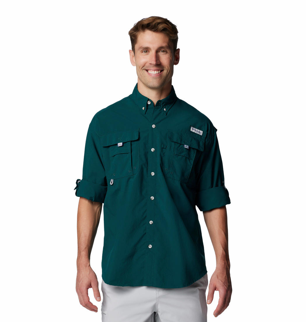 A Men Wearing Columbia Men Green Bahama II L/S Shirt (Sun Protection)