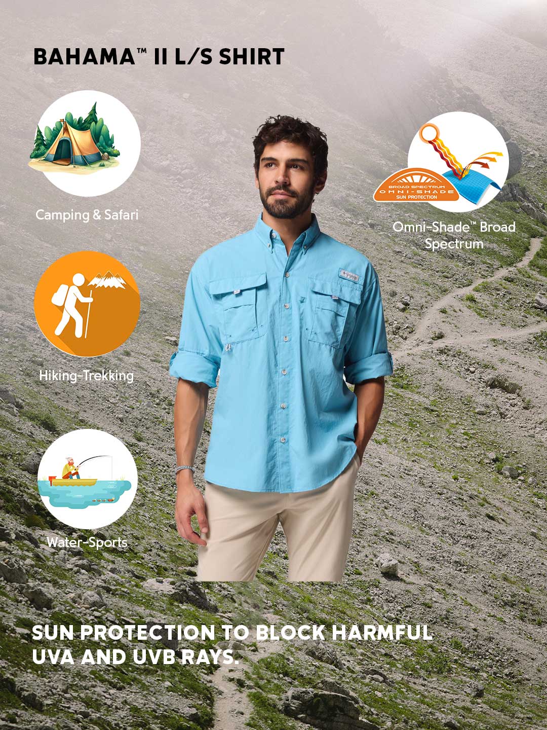 Columbia Men Blue Omni-Shade Bahama II Long Sleeve Shirt for Sun Protection